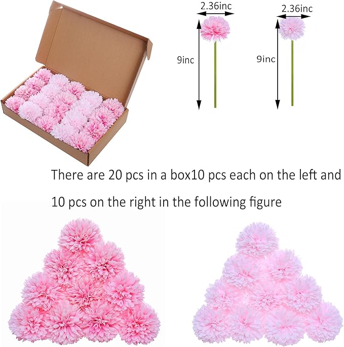 Kimura's Cabin 20Pcs Fake Mums Flowers Artificial Silk Ball Flower Faux Chrysanthemum Wedding Arrangements Bouquets Home Garden Table Centerpieces (Pink Light Pink)-Ruum Studio Home