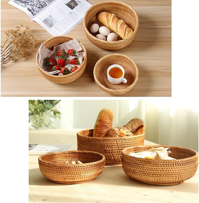 3 Pack Hadewoven Round Rattan Fruit Basket Wicker Food Tray Weaving Storage Holder Dinning Room Bowl, 10 Inch Small Wicker Basket Serving Tray Woven Basket for Bread,Snack,Brown(3-Size Kit)-Ruum Studio Home