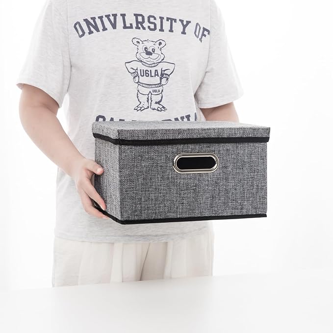 PRANDOM Storage Bins with Lids [3-Pack] Linen Fabric Foldable Storage Boxes Organizer Containers Baskets Cube with Cover for Home Bedroom Closet Office Nursery Grey（11.4X8.6X6.7-Ruum Studio Home