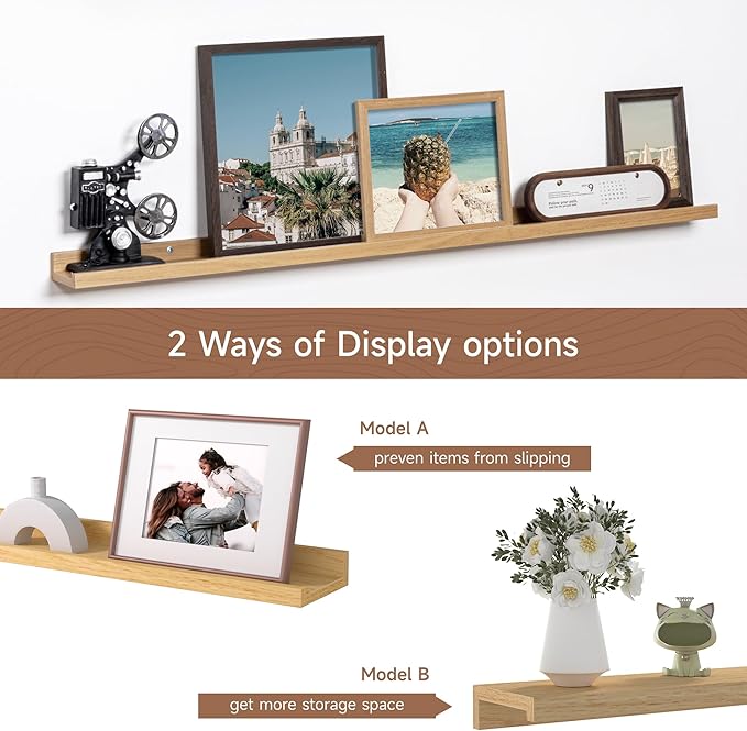 Fun Memories Picture Ledge Shelf, 48 Inch Floating Shelves Set of 2, Large Nursery Book Shelves for Toys Storage, Kids Bookshelf Wall Mounted for Wall Decor Books Photo Frames, Oak-Ruum Studio Home