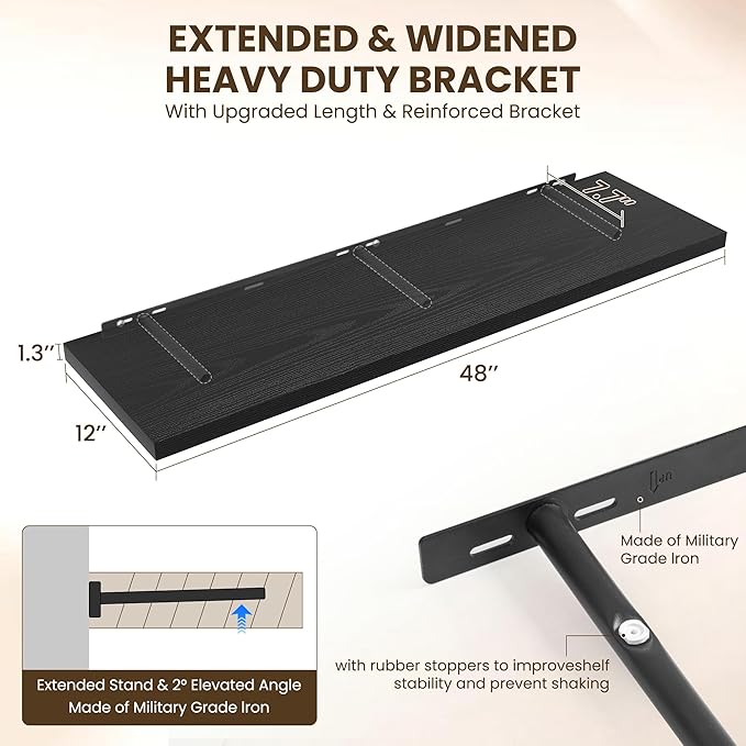 48" Floating Shelves for Wall, 12" Deep Slim Black Floating Shelves, Wall-Mounted Shelves for Bedroom, Living Room, Kitchen, Bathroom - Set of 2-Ruum Studio Home