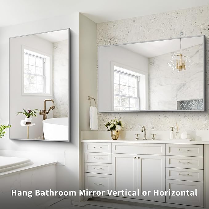 36x55inch Bathroom Mirror, Silver Rectangle Mirror with Thin Metal Frame, Large Rectangular Wall Mirrors for Bathroom, Living Room, Hair Salon, Big Mirror Hang Horizontal/Vertical-Ruum Studio Home