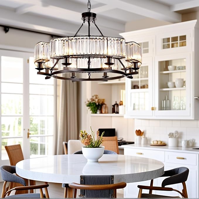 Farmhouse Crytal Chandeliers Dining Room Pendant Light Fixture Black Chandelier with K9 Crystal for Living Room Dining Room Foyer High Ceiling-Ruum Studio Home