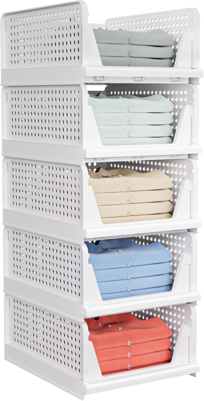 5 Pack Stackable Closet Storage Basket - Stackable Storage Bins, Multifunctional & Foldable Closet Organizer, Wardrobe Cupboard Space-Saving Hat Storage Drawer Organizer, White-Ruum Studio Home