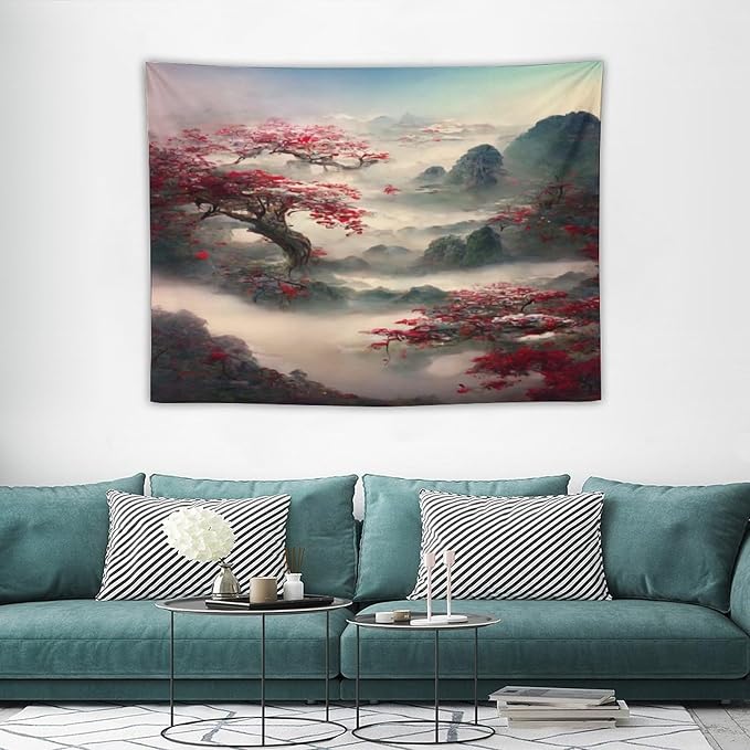Houselerax Japanese Tapestry, Red Plum Cherry Blossom Mountain Tapestries, Asian Japanese Wall Decor, Nature Landscape Tapestries for Bedroom Living Room Decor 40"x30"-Ruum Studio Home