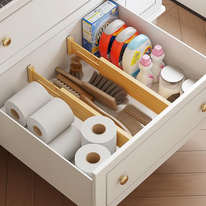 BAMEOS 4 pcs 3" High Bamboo Drawer Dividers Adjustable Drawer Organizer Expandable Drawer Organization Utensil Organizers for Kitchen Dresser Bathroom Bedroom and Office-Ruum Studio Home