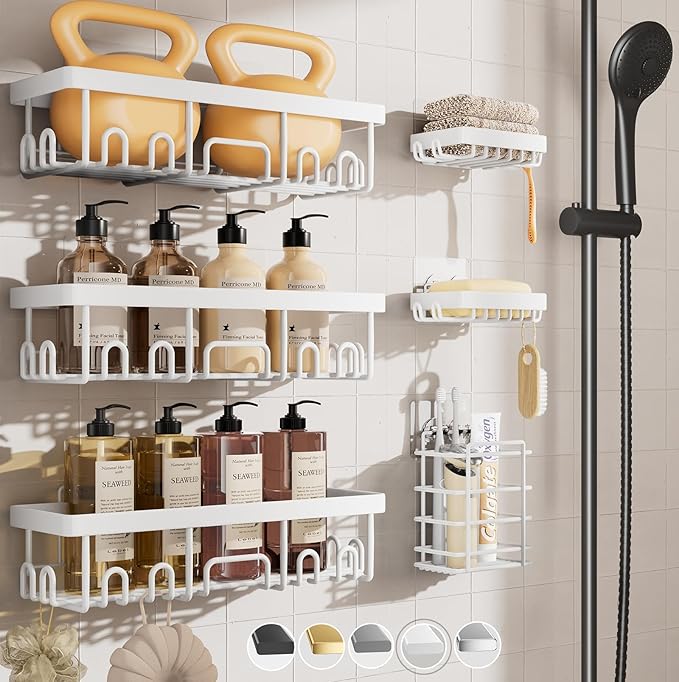 Veken 6-Pack Rustproof Waterproof Shower Caddy, Adhesive Shelves Rack with Soap Holder, Large Bathroom & Washroom Organizer, No Drilling Wall-Mounted Kitchen & Home Decor, Ideal for Bathtub Storage-Ruum Studio Home
