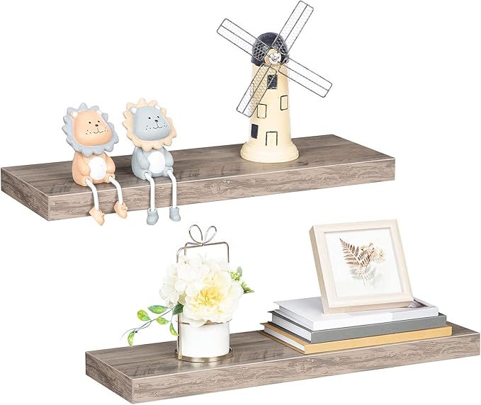 HOOBRO Floating Shelves, Wall Shelf Set of 2, 23.6 Inch Hanging Shelf with Invisible Brackets, for Wall Decor in Bathroom, Bedroom, Toilet, Kitchen, Living Room, Office, Greige BG60BJ01G1-Ruum Studio Home