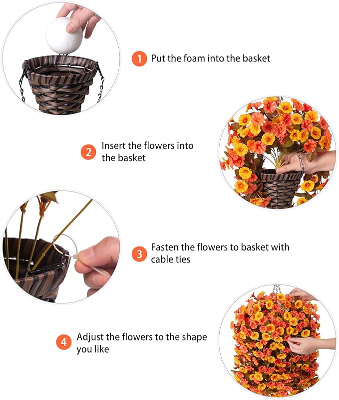 Artificial Fall Fake Hanging Flowers Plants Basket for Outdoor Autumn Decoration, Faux Silk Morning Glory Long Stems Vines Realistic UV Resistant for Outside Home Porch Garden (Fall Orange+Yellow)-Ruum Studio Home