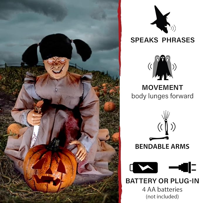 Haunted Hill Farm Lunging Pumpkin Carver Zombie Girl by Tekky, Motion-Activated Talking Halloween Animatronic for Indoor or Covered Outdoor Creepy Halloween Decorations, Plug-in or Battery Operated-Ruum Studio Home