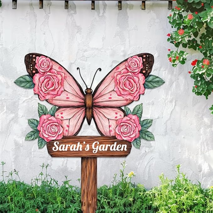 Personalized Butterfly Metal Sign with Stake,Custom Gardener Last Name Signs Outdoor Decorate,Customized Garden Accessories Decor for Mother's Day,Rose Flowers Plaques for Patio Lawn Porch Backyard-Ruum Studio Home
