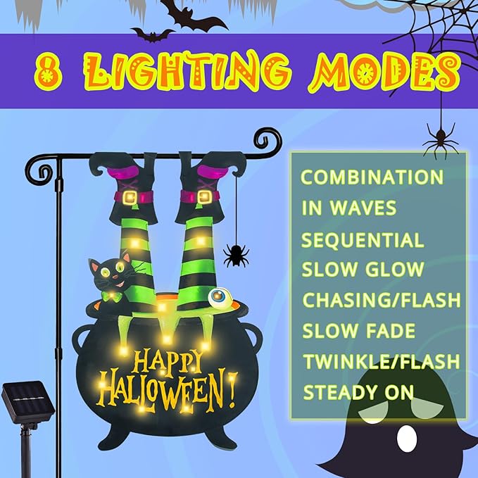 Halloween Lighted Garden Flag for Outside, Witch Feet Shape Flag Yard Decor, 8 Modes 12x18 Double Sided Cauldron Eyeball Black Cat Outdoor Hlloween Decorations for Home Porch（Warm White-12x18）-Ruum Studio Home