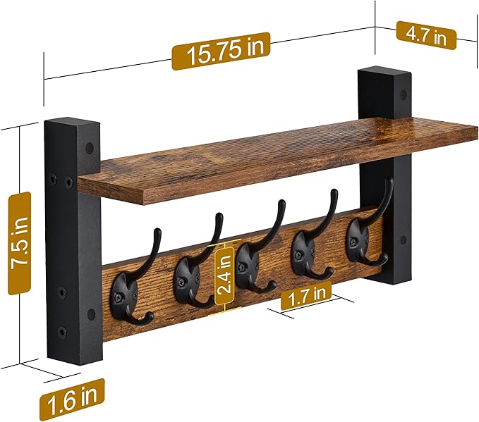 Sorbus Coat Hooks Wall Mount with Shelf – 16 Inch Coat Rack Wall Mount with 5 Heavy Duty Hooks – Floating Wall Shelf with Hooks for Entryway, Bathroom, Bedroom, Kitchen, or Mudroom (Rustic Brown)-Ruum Studio Home