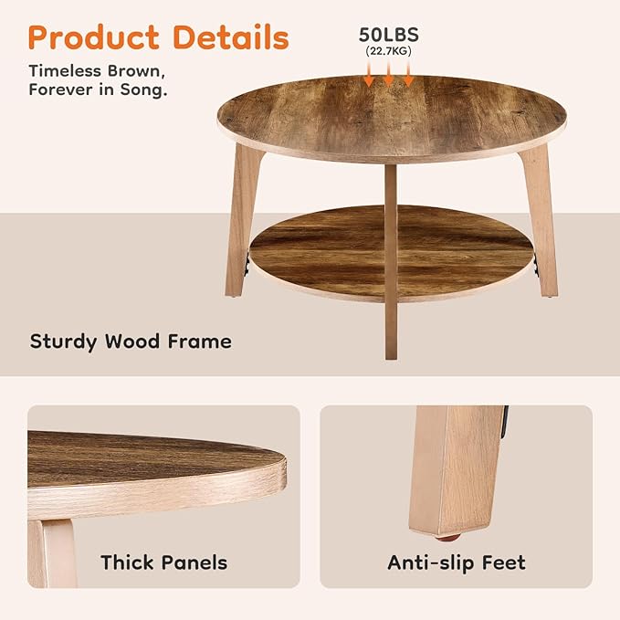 Sweetcrispy Round Coffee Table, 36'' Wood Coffee Tables for Living Room with Storage, 2-Tier Center Circle Counter with Wooded Desktop, 50 lbs Capacity, Anti-Slip Feet, Modern Farmhouse Design, Brown-Ruum Studio Home