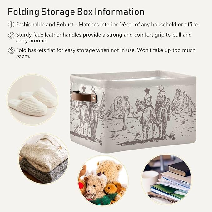 Western Desert Cowboy Storage Basket Cube Storage Bins Organizer Bag Collapsible Closet Shelf Baskets with handle for Baby Cloth Pet Toy Book 14.2×10.2×8.3 IN-Ruum Studio Home
