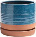 8 Inch Pots for Plants, Ceramic Planter Pot with Drainage Hole & Saucer, Indoor/Outdoor Cylinder Round Planter Pot, Blue & Terracotta-Ruum Studio Home