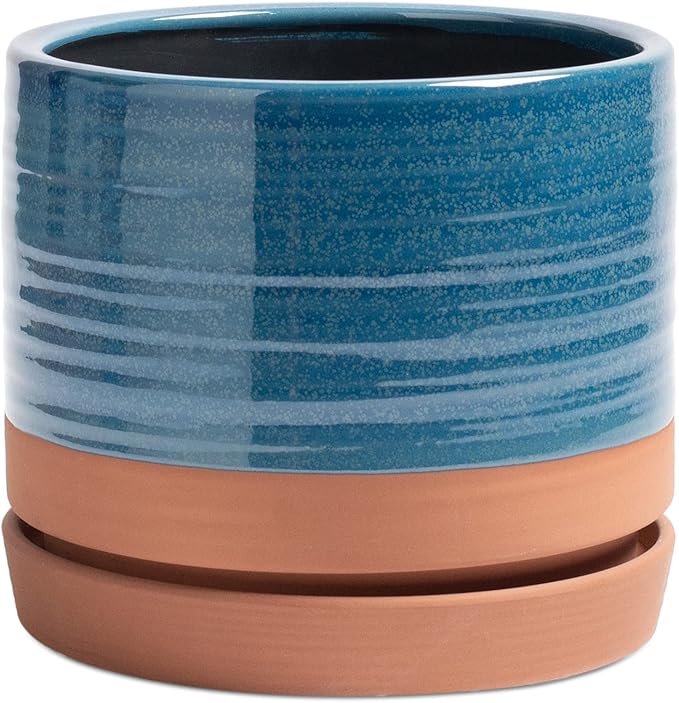 8 Inch Pots for Plants, Ceramic Planter Pot with Drainage Hole & Saucer, Indoor/Outdoor Cylinder Round Planter Pot, Blue & Terracotta-Ruum Studio Home
