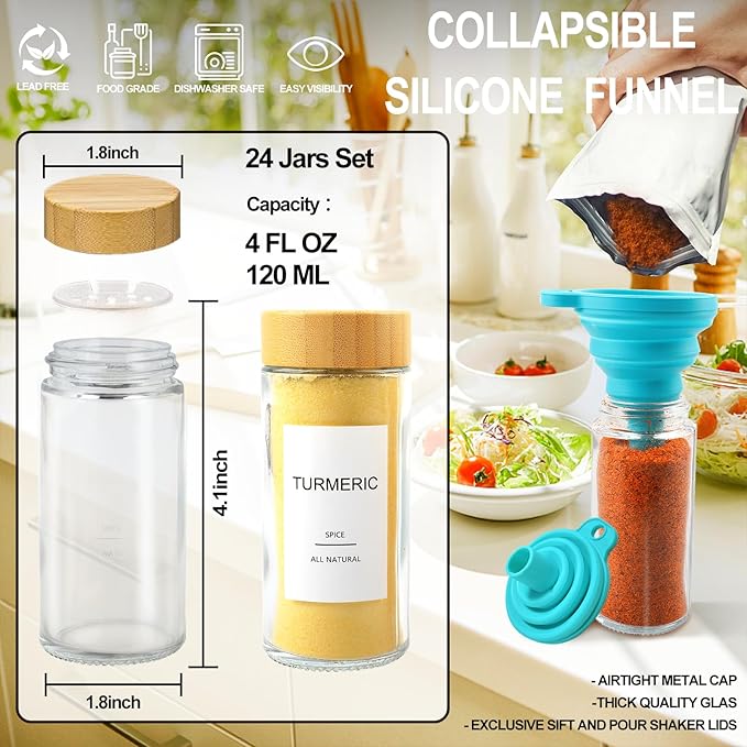 AISIPRIN Glass Spice Jars with 398 Labels-4oz 24 Pcs,Round Seasoning Jars with Bamboo Airtight Lids,Spice Container Set -Shaker Lids, Funnel,Brush and Marker Included-Ruum Studio Home