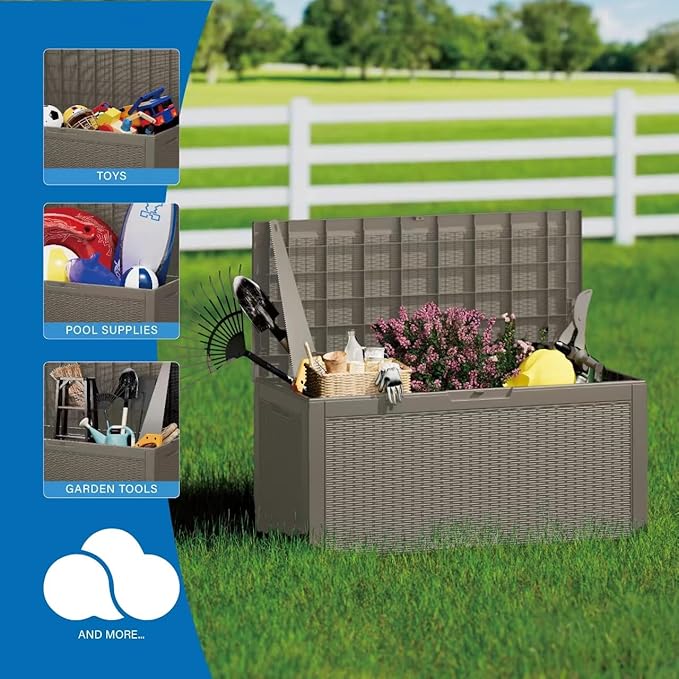 100 Gallon Double-Wall Resin Deck Box - Lockable Waterproof Outdoor Storage Box, 1000lbs Capacity & Doubles as Seating for Patio Furniture - Garden Tools, Pool Accessories (Brown)-Ruum Studio Home