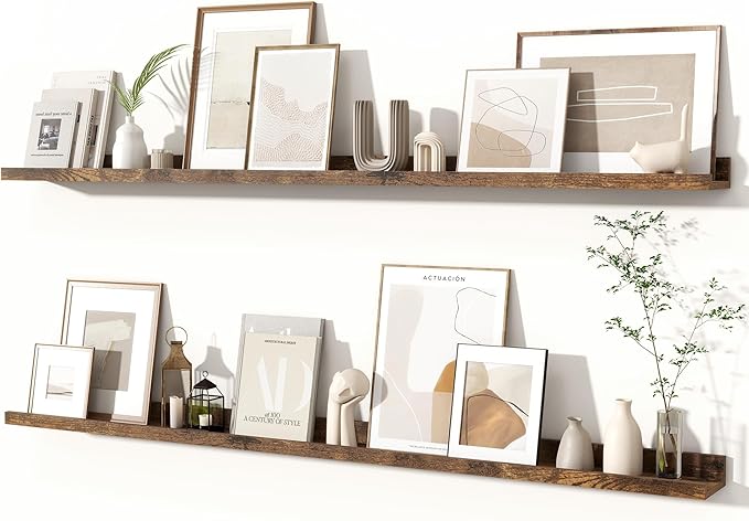 Fun Memories Picture Ledge Shelves Set of 2, 55 Inch Rustic Wall Mounted Floating Shelves with Lip for Home Storage and Décor in Bathroom, Kitchen, Nursery, Bedroom, Living Room, Brown-Ruum Studio Home