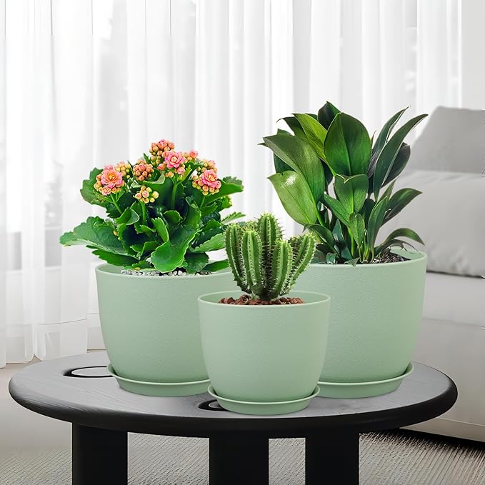 Medium Plant Pots 10/9/8 inch, Flower Pots for Indoor Outdoor Plants, Set of 3 Modern Decorative Plastic Planters with Drainage Holes and Saucers for House Porch Garden Plants, Green-Ruum Studio Home