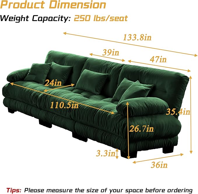 Modular Sectional Sofa, Comfy Cloud Couch 3 Seater Couch, Sectional Couches for Living Room, Modern Chenille Oversized Couches for Bedroom, Sleeper Deep Seat Sofa with Throw Pillows, Green-Ruum Studio Home
