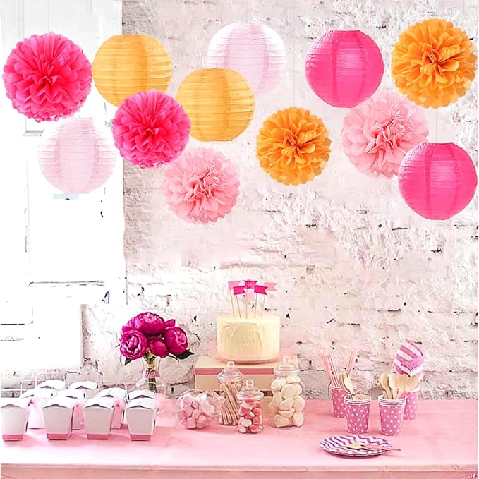 Pink-Orange Party-Decorations Paper-Flowers Lanterns - 15PCS Fall Wedding Birthday Tissue Pom Poms Streamers, Boho Baby Bridal Shower Graduation Sunset Hanging Supplies Decor Hugfond-Ruum Studio Home