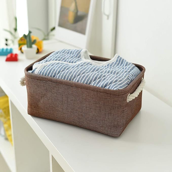 TheWarmHome Small Fabric Canvas Storage Bin with Cotton Rope Handles - Foldable Empty Basket for Gift (Brown-1 Pack,11.8L7.9W5.2H inch)-Ruum Studio Home