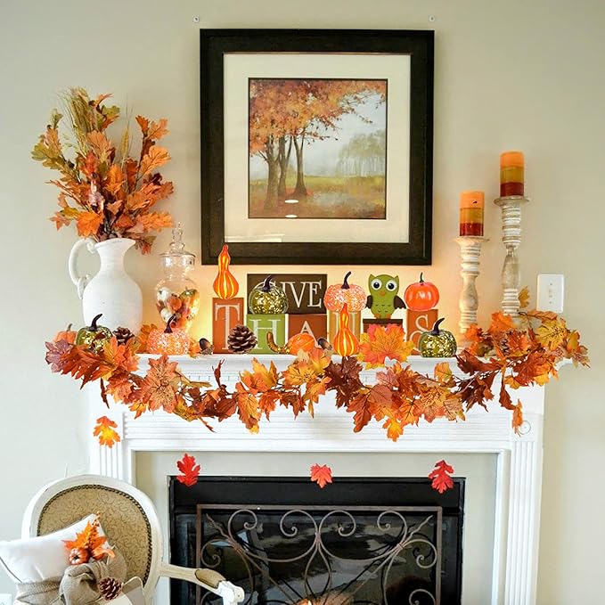 DearHouse 2 Pack Fall Maple Leaf Garland - 5.9Ft/Piece Hanging Vine Artificial Autumn Foliage for Thanksgiving, Home, Wedding, Fireplace, Party, Christmas Decor (Light Orange)-Ruum Studio Home
