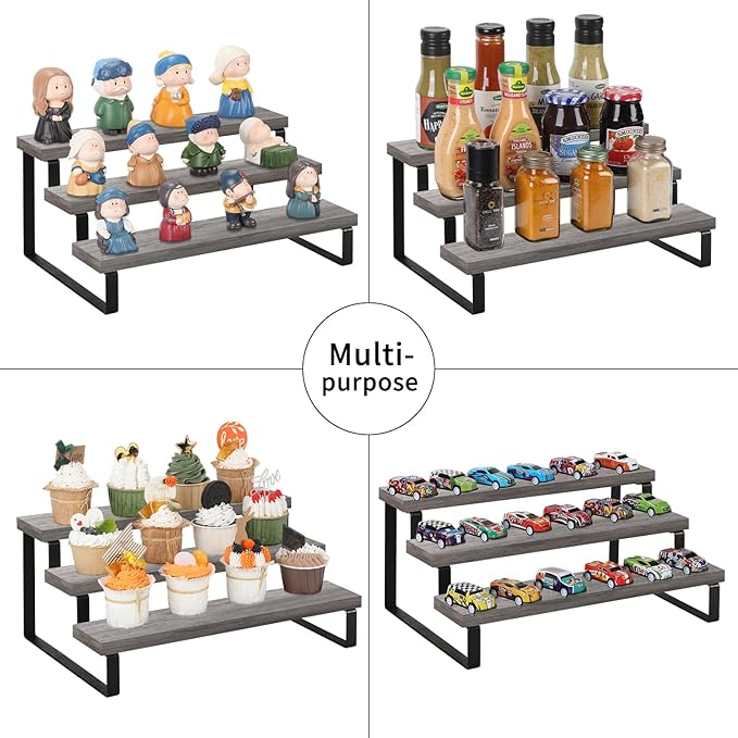 YINMIT Wooden Display Riser Stand, Tiered Perfume and Cologne Organizer Stand, 3 Tier Spice Rack Organizer, Rustic Display Shelf for Candles (3 Tier,2Pack,Grey)-Ruum Studio Home
