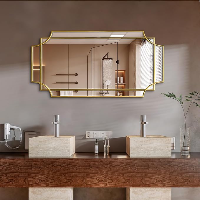 Wall Mirror Full Length, 47" x 24" Gold Framed Full Body Mirror, Scalloped Beveled Polished Decorative Mirrors, Large Rectangle Irregular Wall Mirror for Bathroom/Bedroom/Living Room/Entryway-Ruum Studio Home