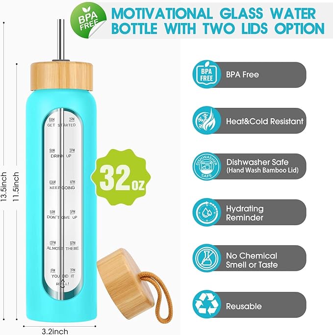 32 oz Glass Water Bottle with Straw - Motivational Time Marker & Silicone Sleeve - Reusable Tumbler Includes 2 Bamboo Lids & Fruit Infuser - 1 Pack-Ruum Studio Home