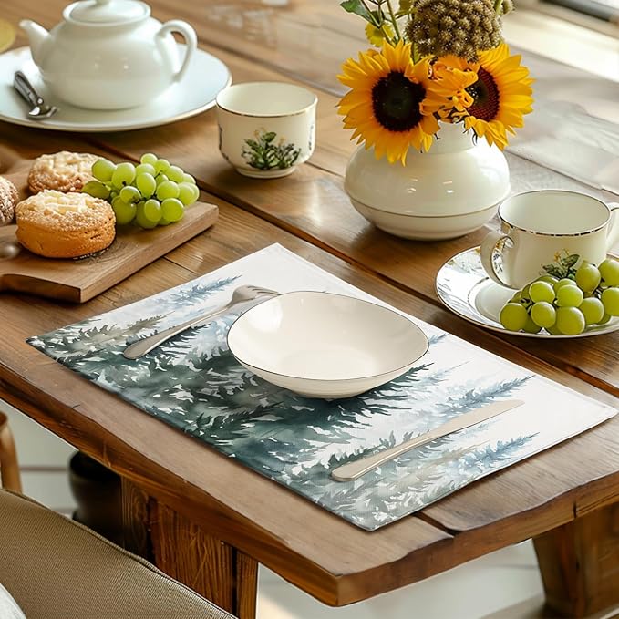 Watercolor Dark Green Tree Table Mats Set of 4 Rustic Nature Forest Pine Tree Placemats Seasonal Winter Holiday Place Mat Farmhouse Washable Linen Placemat for Dining Table Kitchen Christmas Decor-Ruum Studio Home