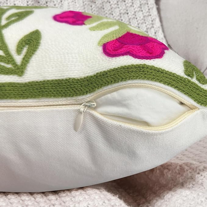 Alysheer Flower Embroidered Summer Decorative Lumbar Throw Pillow Cover 12"x 20", Farmhouse Cottage Hot Pink Floral Green Leaves Patterned Cotton Canvas Cushion Case for Sofa Couch Bed Living Room-Ruum Studio Home