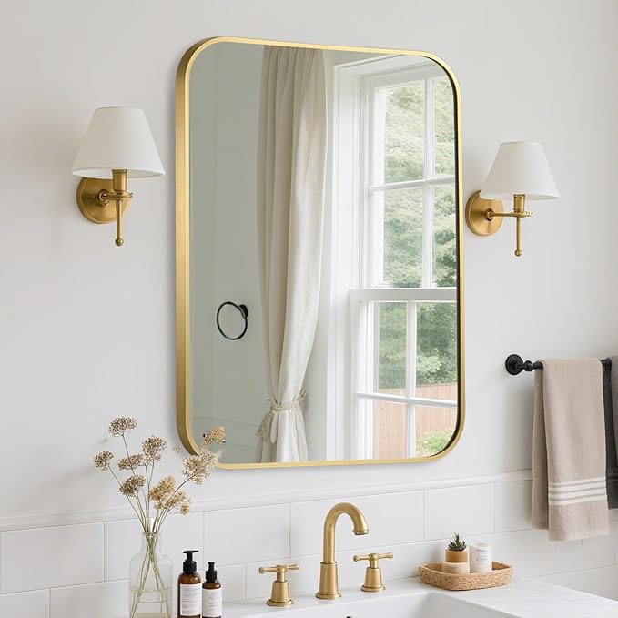 FARMER 16x24 Inch Gold Bathroom Mirror, Rectangle Vanity Mirror, Brushed Mirrors for Wall, Metal Frame Hanging Mirror with Round Corner for Bedrooms, Entryways, Living Rooms, Horizontal/Vertical-Ruum Studio Home