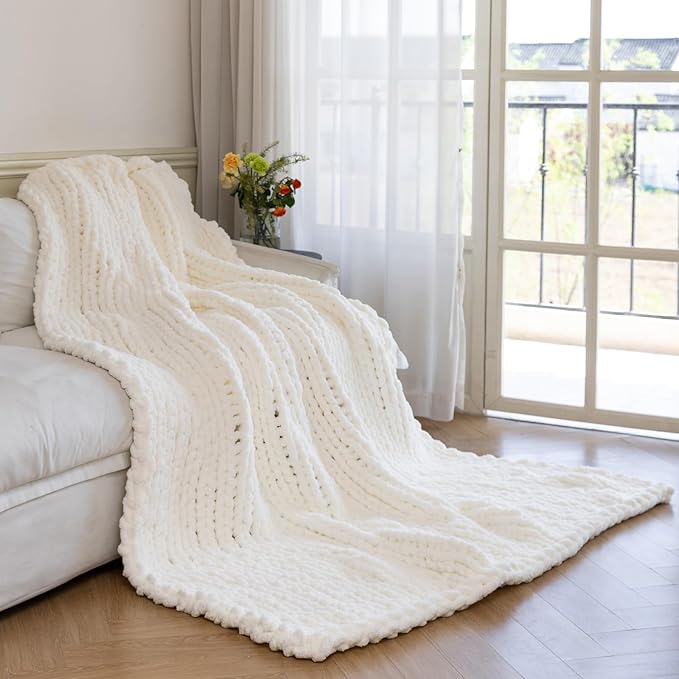 Chunky Knit Blanket - Luxury Soft Cozy 50 * 60 Throw Blanket,100% Woven Blanket Rope Knot Throw Blanket for Couch, Sofa, Home Decor, Gift - Machine Washable（Milk White）-Ruum Studio Home