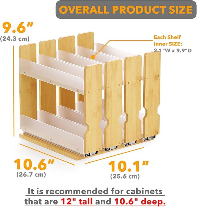 SpaceAid Bamboo Pull Out Spice Rack Organizer for Cabinet, Heavy Duty Slide Out Seasoning Kitchen Pantry Sliding Vertical Organization, 10.1" Wide, 4 Drawers(2" Wide), 2-Tier, Natural-Ruum Studio Home