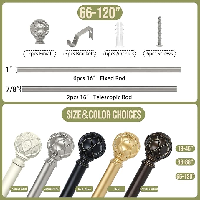 Silver Adjustable Curtain Rods for Windows:66-120 Inch Farmhouse Heavy Duty Curtain Rod for Bedroom Living Room,Boho Decorative Rustic Drapery Rods with Vintage Coastal Finial,Antique Silver-Ruum Studio Home