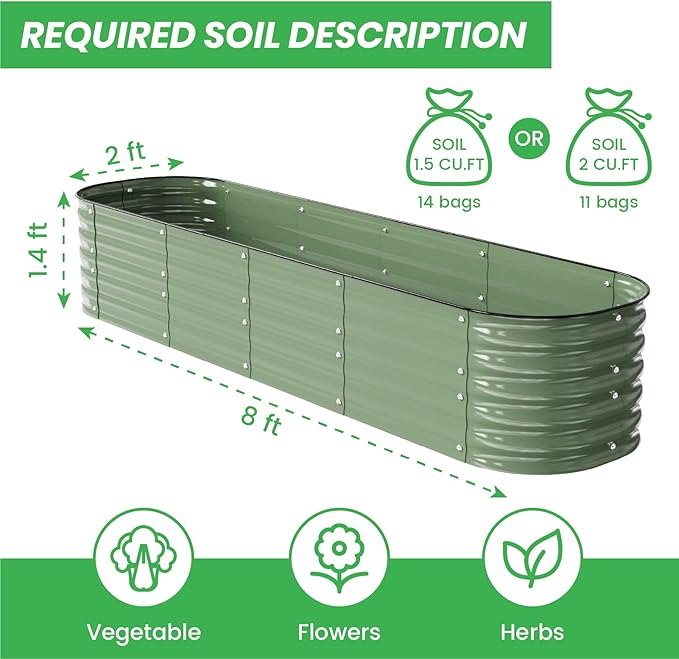 Raised Garden Bed Kit 8×2×1.4 FT Magnesium-Aluminum-Zinc Stainless Steel Metal Planter Box for Planting Outdoor Plants Vegetables（Light Green）-Ruum Studio Home