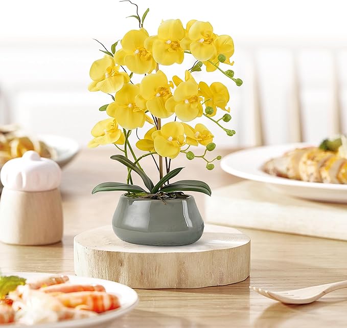 Orchid Artificial Flowers with Gray Vase Large Silk Faux Phalaenopsis Flowers for Dining Room Table Floral Centerpieces Indoor Decoration,Yellow-Ruum Studio Home