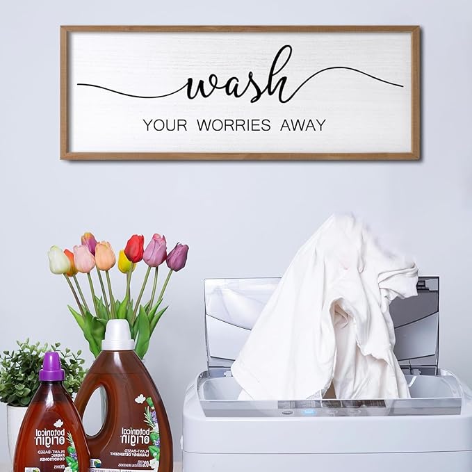 Wash Your Worries Away Wall Art Sign 32"×12" Laundry Room Large Wood Framed Restroom Toilet Wall Decor Hanging (Wood)-Ruum Studio Home