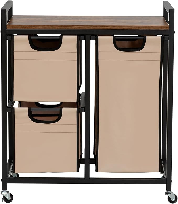 Laundry Basket Organizer - Hampers with 3 Compartments, Sliding Laundry Sorter Bags, Top Storage Shelf, Metal Frame-Ruum Studio Home