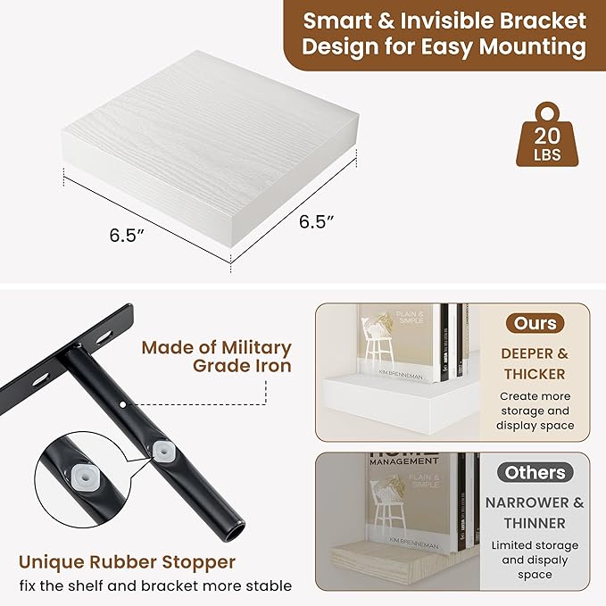 fuqing Floating Shelves for Wall, Bathroom Shelf Wall Mounted for Storage, Shelves with Invisible Bracket for Bedroom, Kitchen, Living Room, Farmhouse Small Book Shelf, 6.5 Inch Set of 3, White-Ruum Studio Home