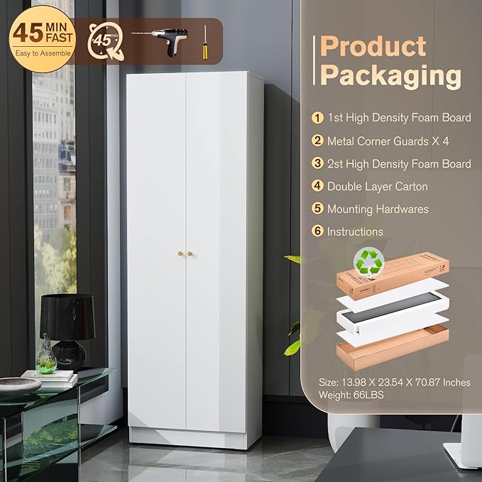 5 Tier Metal Curio Cabinets, Modern Bookshelf Cabinet with 4 Adjustable Shelves, Cabinet Display Case for Home Office, Living Room, Pantry (White-23.54W-Metal Door)-Ruum Studio Home