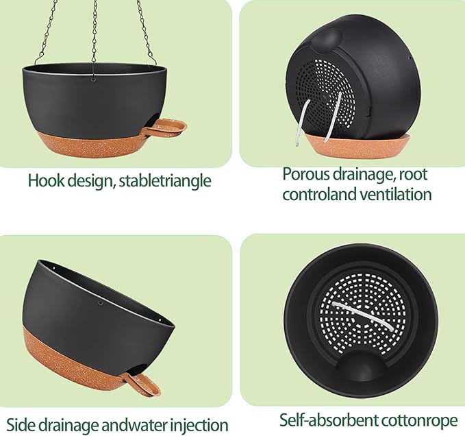 2 Pack Hanging Planters for Indoor Outdoor Plants, 12 Inch Self Watering Hanging Pot with Drainage Holes and Saucer, Plastic Plant Pots, Black Brown Flower Pots for Kitchen, Balcony, Garden-Ruum Studio Home