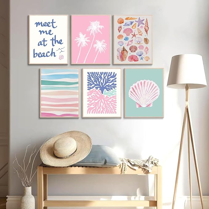 6 Pcs Coastal Beachy Wall Art Tropical Summer Shell Ocean Paintings Prints Posters Trendy Pink Preppy Palm Tree Canvas Wall Decor Aesthetic for Bedroom Living Room Dorm Apartment 8x10inch Unframed-Ruum Studio Home