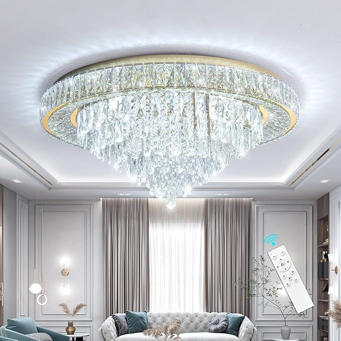 Modern Crystal Chandeliers for Living Room Ceiling Light Fixture LED Dimmable Lamp with Remote Pendant Lighting Flush Mount Ceiling Light for Dining Room Bedrooms Foyer-Ruum Studio Home