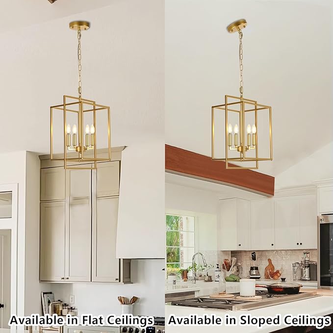 Farmhouse Gold Chandelier, 4-Light Vintage Chandeliers for Dining Room, Adjustable Modern Rustic Metal Hanging Pendant Light Fixture for Entryway Foyer Kitchen Island Hallway-Ruum Studio Home