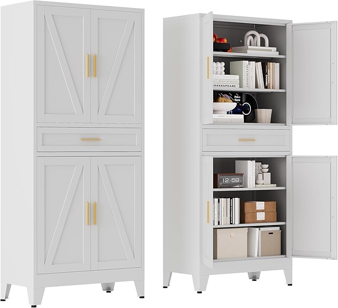 71 "Farmhouse Metal Filing Cabinet with a Drawer and 4 Adjustable Shelves, with 4 Large barn Door White Kitchen Cabinets, Metal Food Cabinets for Home, Kitchen, Dining/Living Room (White)-Ruum Studio Home