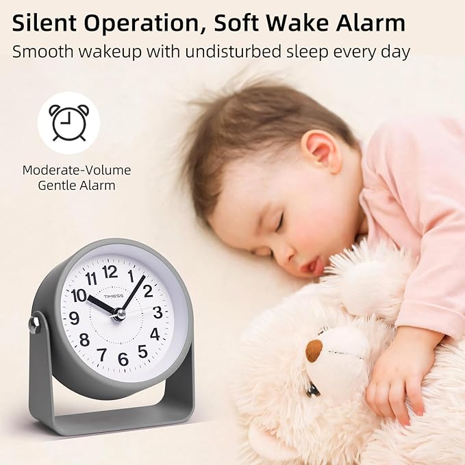 Analog Alarm Clock, Silent Non-Ticking Quartz Movement, Battery-Operated with Snooze & On-Demand Light, Easy to Set Gentle Wake Bedside Desk Clock, Ideal for Home, Travel, Office (Gray)-Ruum Studio Home